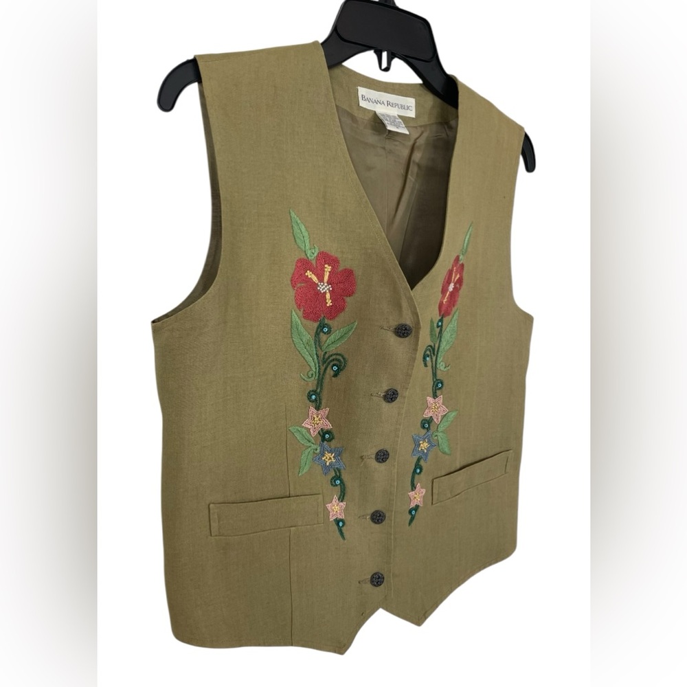 Vintage Banana Republic Linen Floral Embroidered Vest Beaded Sz Medium - Picture 4 of 14